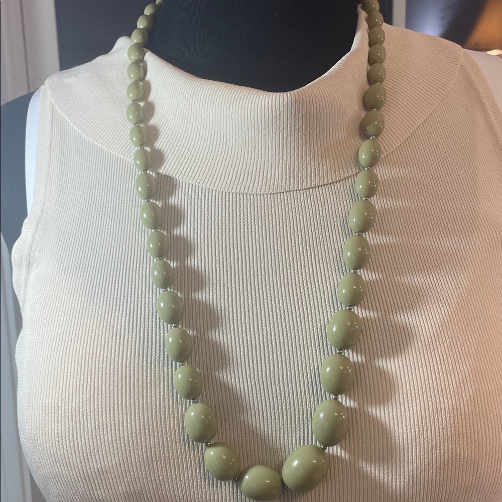 Vintage Olive Green Acrylic Beaded Necklace divided by gold seed beads 15” drop